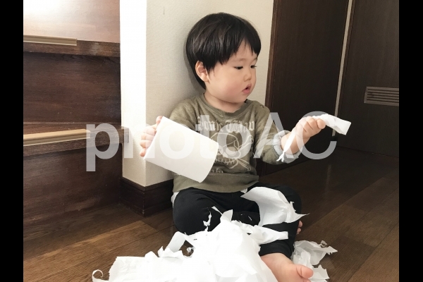 トイレットペーパーで遊ぶ子供 トイレットペーパーで遊ぶ子供の写真