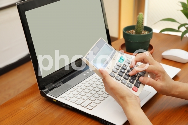 ノートパソコンと電卓で計算する女性と緑の観葉植物 ノートパソコンと電卓で計算する女性と緑の観葉植物の写真