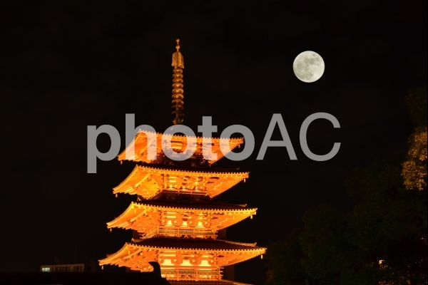 満月と五重塔 満月と五重塔の写真