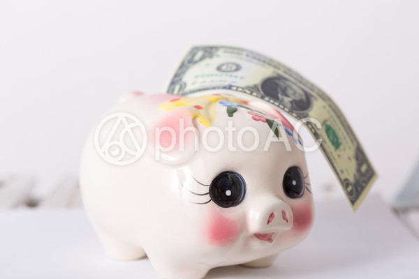 貯金箱と外国の紙幣5 貯金箱と外国の紙幣5の写真