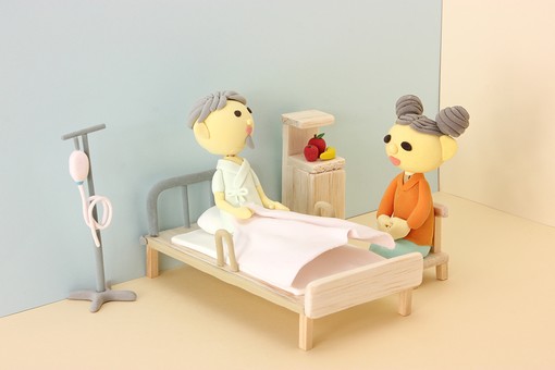 クレイ クレイアート クレイドール ねんど 粘土 クラフト 人形 アート 立体イラスト 粘土作品 かわいい 人物 仕事 働く 医療 福祉 介護 お爺さん おじいちゃん お婆さん おばあちゃん 夫婦 老夫婦 老人 シニア 看病 病院 入院 老人ホーム 二人 ２人 仲良し 男女 ベッド お見舞い 患者