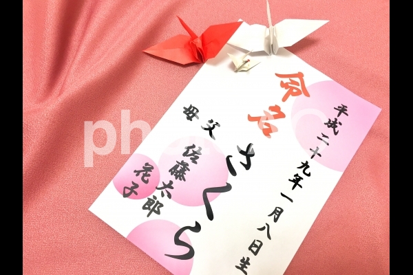 命名書 ピンク 女の子「さくら」(鶴あり/ヨコ) 命名書 ピンク 女の子「さくら」(鶴あり/ヨコ)の写真